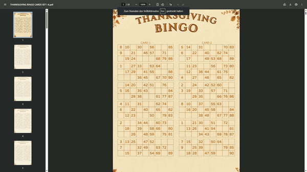 Thanksgiving 90 Ball UK Bingo Cards Printable | 100 Unique Tickets | 50-Page PDF | 2 Cards Per A4 Page | Instant Download