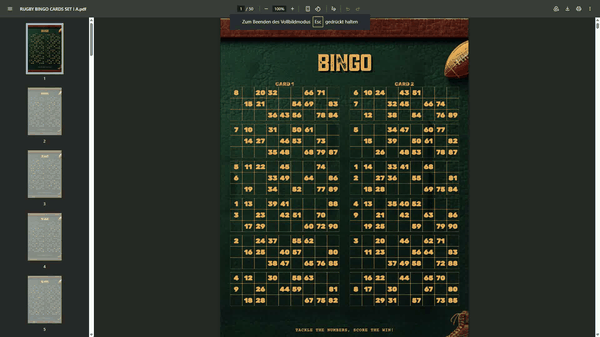 Rugby 90 Ball UK Bingo Cards Printable | 100 Unique Tickets | 50-Page PDF | 2 Cards Per A4 Page | Instant Download