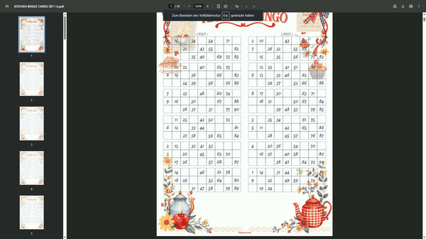 Kitchen 90 Ball UK Bingo Cards Printable | 100 Unique Tickets | 50-Page PDF | 2 Cards Per A4 Page | Instant Download