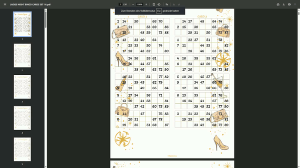 Ladies Night 90 Ball UK Bingo Cards Printable | 100 Unique Tickets | 50-Page PDF | 2 Cards Per A4 Page | Instant Download