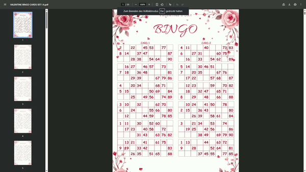 Valentine 90 Ball UK Bingo Cards Printable | 100 Unique Tickets | 50-Page PDF | 2 Cards Per A4 Page | Instant Download