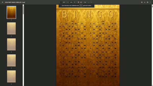 Gold Party 90 Ball UK Bingo Cards Printable | 100 Unique Tickets | 50-Page PDF | 2 Cards Per A4 Page | Instant Download
