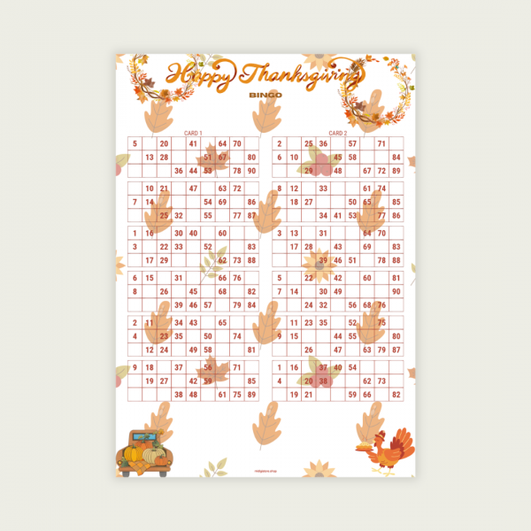 THANKSGIVING BINGO CARDS SET III A Thanksgiving III 90 Ball UK Bingo Cards Printable | 50-Page PDF | 2 Cards Per A4 Page | Instant Download