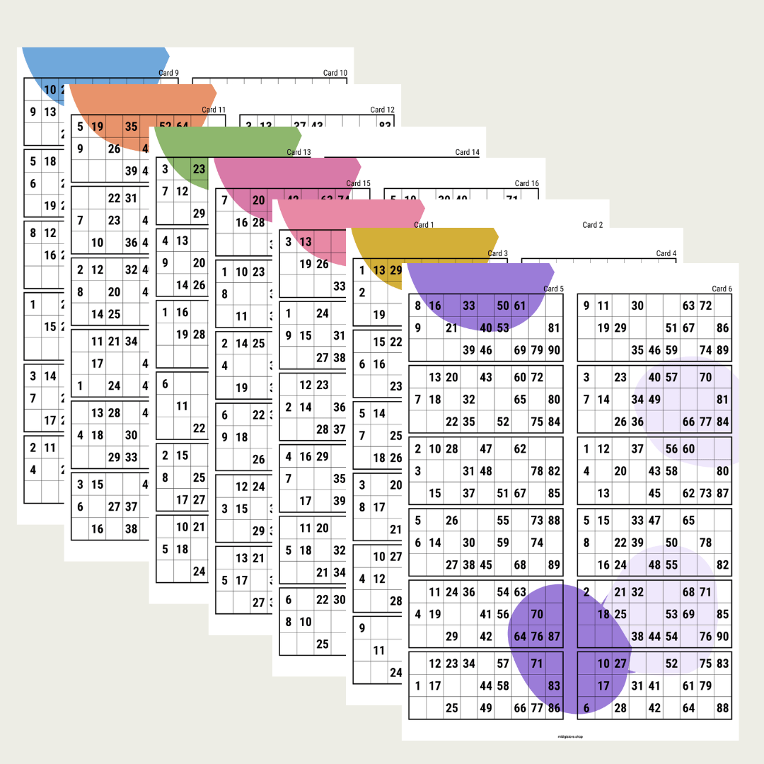 Printable UK 1–90 bingo cards with 100 cards in one PDF. Get 50 pages with 2 cards per page, perfect for parties, fundraisers, classrooms and bingo nights.