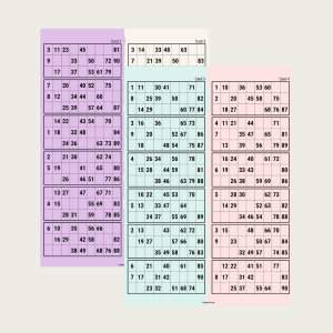 BINGO CARDS TORN II JUMBO SET A Minimalist pastel 90-ball bingo cards in UK style. Includes 100 printable A4 PDF cards, with 2 cards per page. Perfect for parties, family games, classrooms and events.