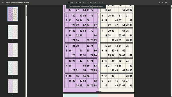 BINGO CARDS TORN II JUMBO SET A Minimalist pastel 90-ball bingo cards in UK style. Includes 100 printable A4 PDF cards, with 2 cards per page. Perfect for parties, family games, classrooms and events.