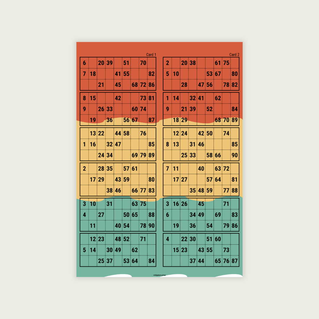 Printable UK 1–90 bingo cards with 100 cards in one PDF. Get 50 pages with 2 cards per page, perfect for parties, fundraisers, classrooms and bingo nights.