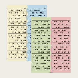 printable-90-ball-bingo-cards-uk-style-100-cards Printable UK 90-ball bingo cards with two cards per A4 page in four soft colour themes, featuring traditional housie-style number grids.