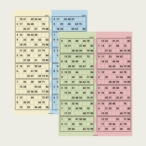 printable-90-ball-bingo-cards-uk-style-100-cards Printable UK 90-ball bingo cards with two cards per A4 page in four soft colour themes, featuring traditional housie-style number grids.