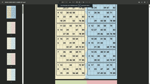 printable-90-ball-bingo-cards-uk-style-100-cards Printable UK 90-ball bingo cards with two cards per A4 page in four soft colour themes, featuring traditional housie-style number grids.